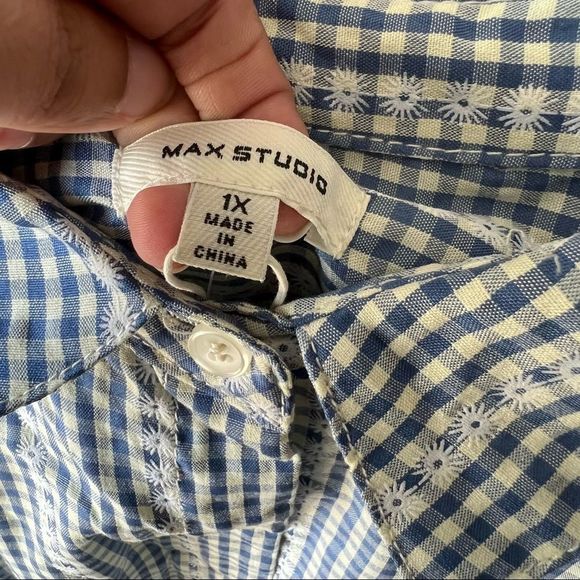 NWT Max studio women's embroided top,button down, gingham print,white, boho - Picture 14 of 14